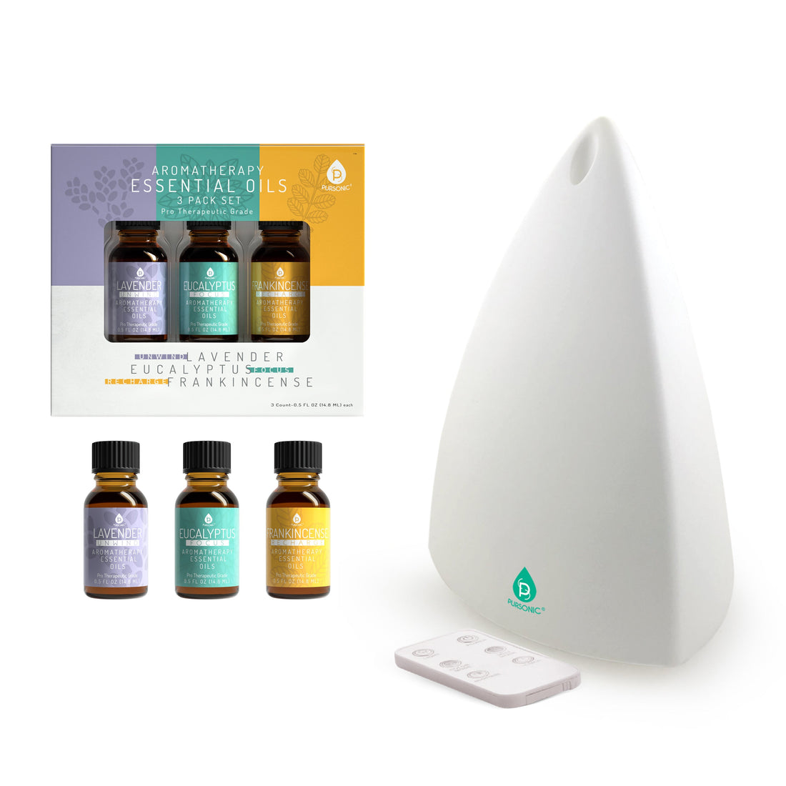 Pursonic Ultrasonic Aromatherapy Diffuser Set – 100ml Essential Oil Diffuser with Lavender, Eucalyptus & Frankincense Oils, LED Light & Remote Control