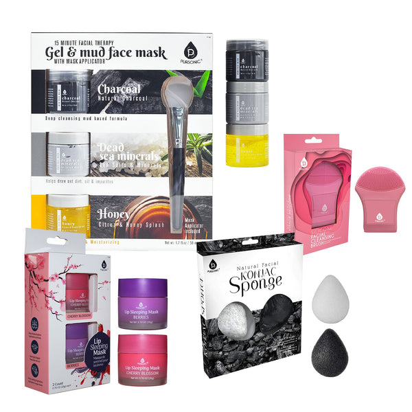 Ultimate Skin Care Gift Bundle – Facial Cleansing Brush, Konjac Sponges, Lip Masks & Mud Face Mask Set