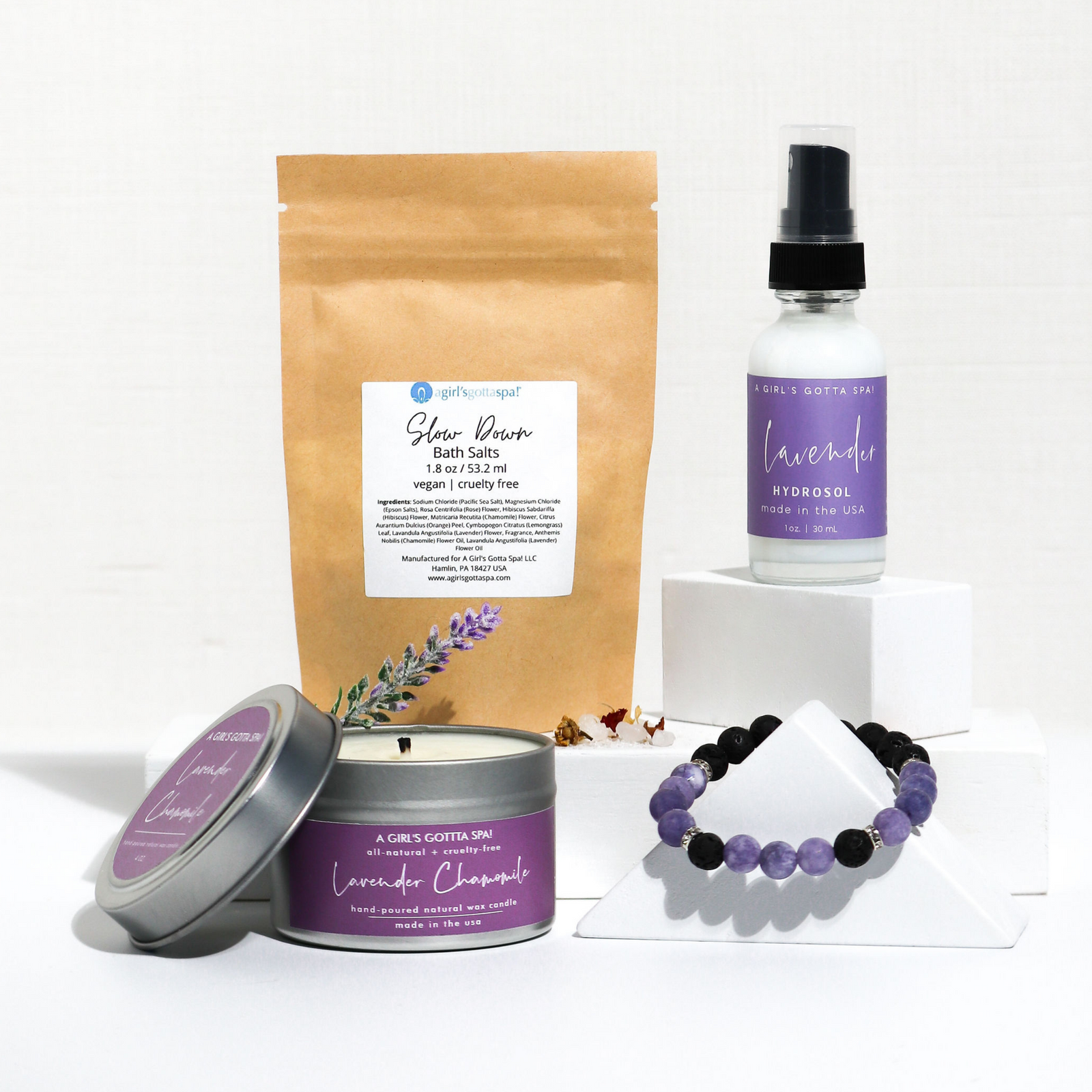 Be Well Relaxation Box – Self Care Gift Set with Candle, Bath Salts, Pillow Spray, Essential Oil Bracelet & Natural Perfume | Stress Relief Wellness Kit