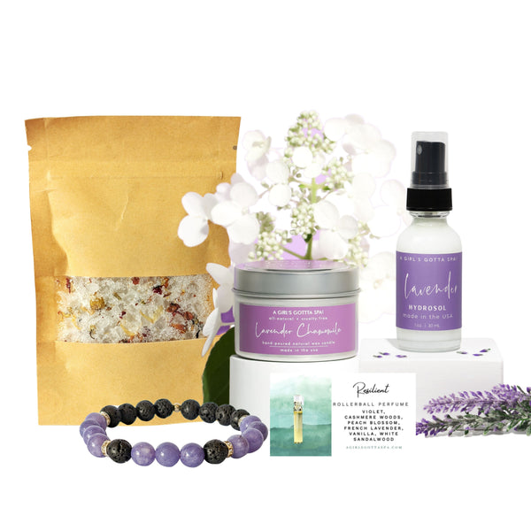 Be Well Relaxation Box – Self Care Gift Set with Candle, Bath Salts, Pillow Spray, Essential Oil Bracelet & Natural Perfume | Stress Relief Wellness Kit