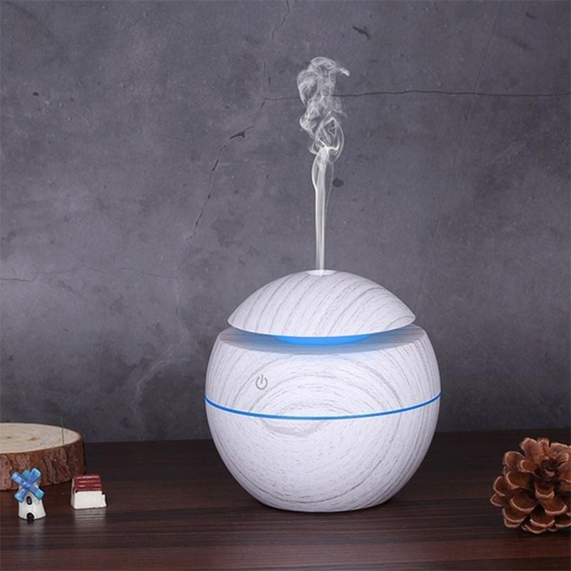 USB Ultrasonic Aroma Diffuser & Cool Mist Humidifier – 130ml Wood Grain Essential Oil Diffuser with LED Light for Home, Office & Sleep